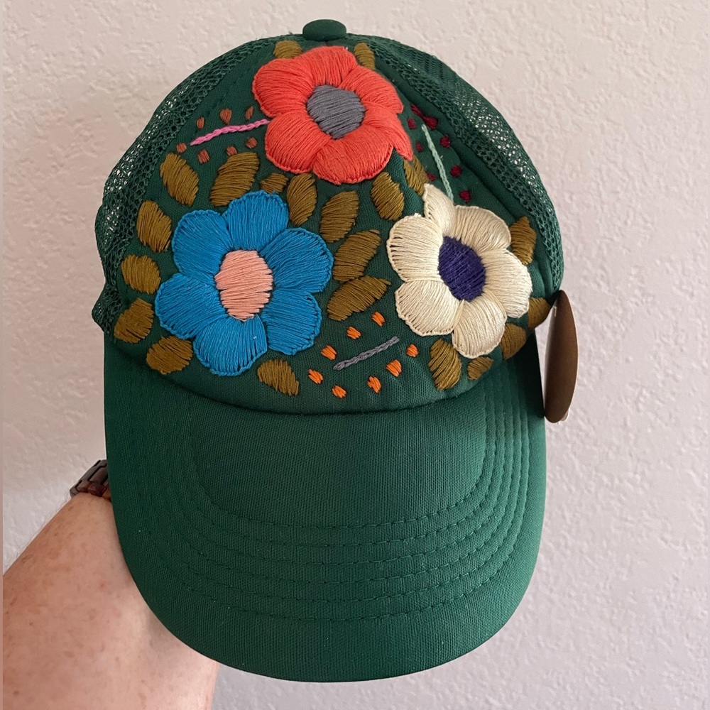 Beautiful, green, handmade embroidered hat NWT